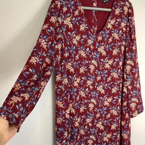Madewell Burgundy Red Antique Floral Long Sleeve V-Neck Button-Back Shift Dress - Picture 11 of 16